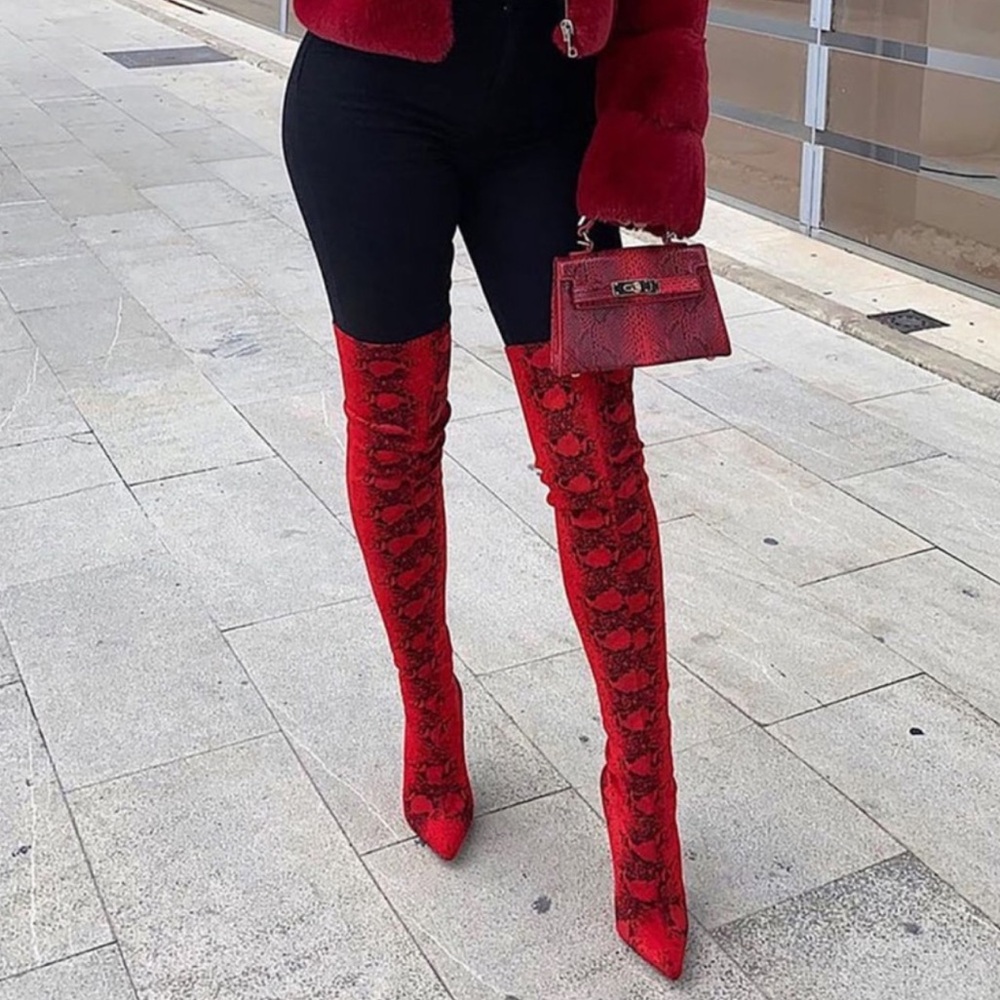 Fashion nova snake print thigh high boots